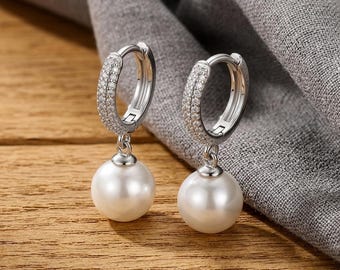 925 Silver Huggie Dangles With Pearl Accent, Sparkling CZ Hoop Earrings