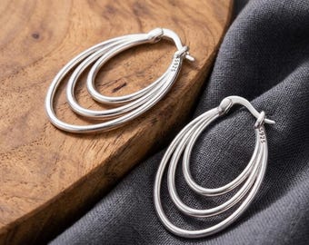 Triple Nested Oval Hoops, 925 Silver Layered Ring Design Earrings