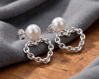 Pearl Dangle 925 Silver Earrings, Chain Heart Design, Romantic Link Jewellery