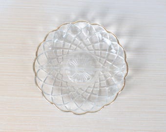 Vintage Pressed Glass Divided Dish with Gold Scalloped Edge
