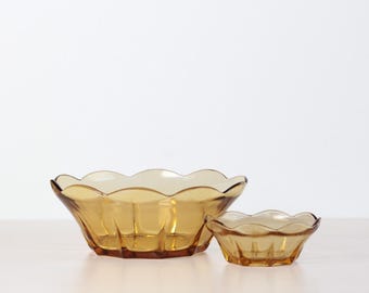 Vintage Set of Two Amber Glass Bowl Scalloped Edge | Mid-Century Glassware