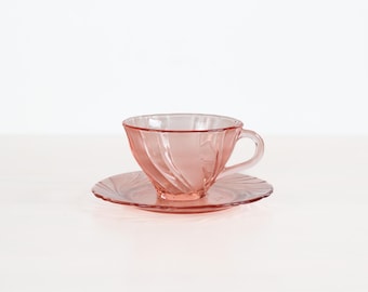 Vintage Vereco France Pink Glass Tea Cup and Saucer | Mid-Century French Glassware