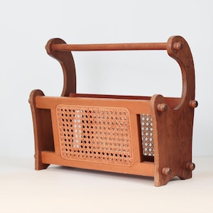 Vintage Wood and Cane Magazine Rack, Mid-Century Boho Decor