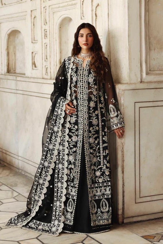 luxury custom embroidered formal dresses Black Lehenga Choli • Pakistani Organza Bridal Dress Ecom Style:MD1E209951