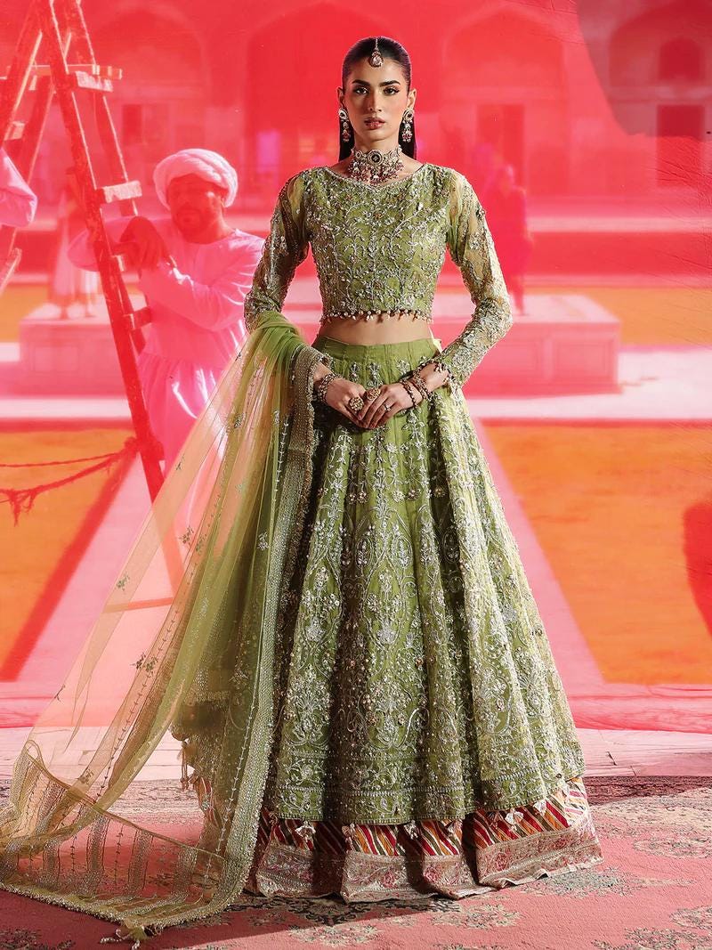 slim fit dress slacks Festive Wear Mehendi Green Viscose Simar Silk Ensemble Heavy Embroidered Top with Matching Dupatta & Bottom Mehendi Green / S / 15 Days main image 1