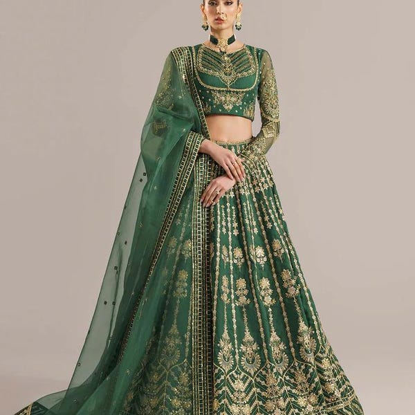 Custom Green  Lehenga Choli • Pakistani Luxury Organza Embroidered Bridal Dress