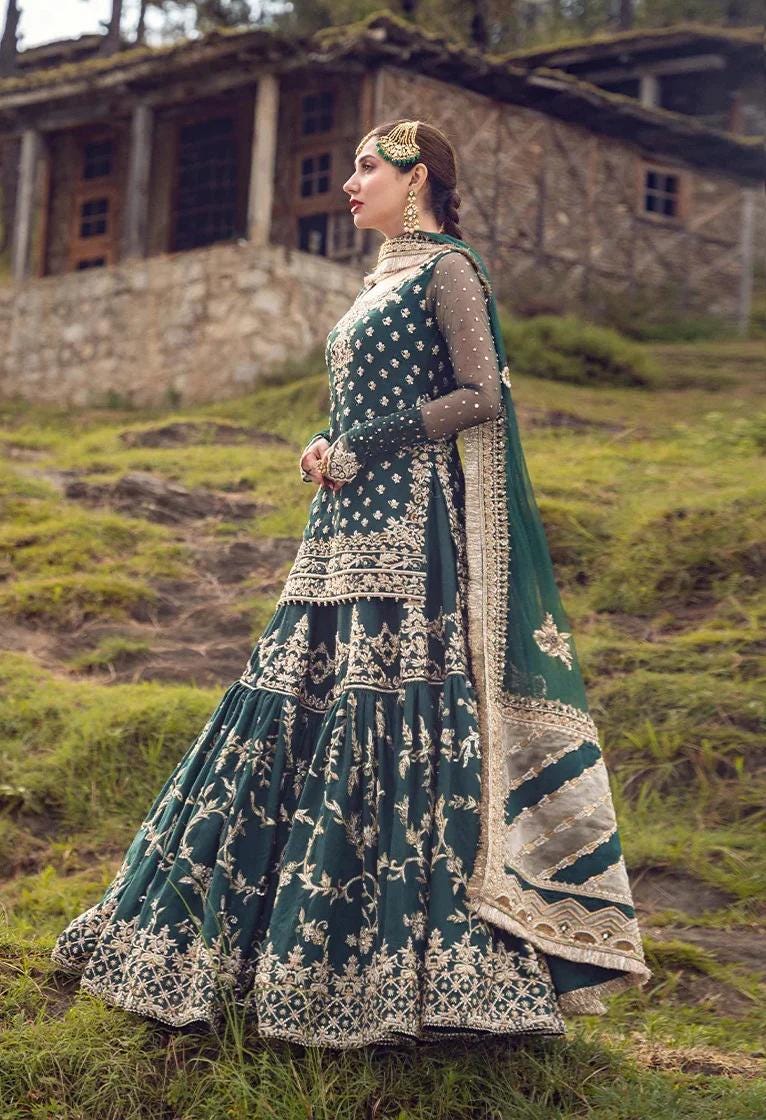 green emerald velvet dress Formal Pakistani Frock Dress in Teal Blue Shade Online 2021 – Nameera by  Farooq main image 0