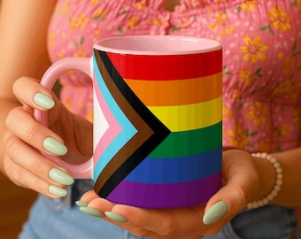 Progress Pride Flag Mug, Inclusive LGBTQ Coffee Cup, Queer Pride Mug, Rainbow Flag with Trans & BIPOC Colors, Equality Gift