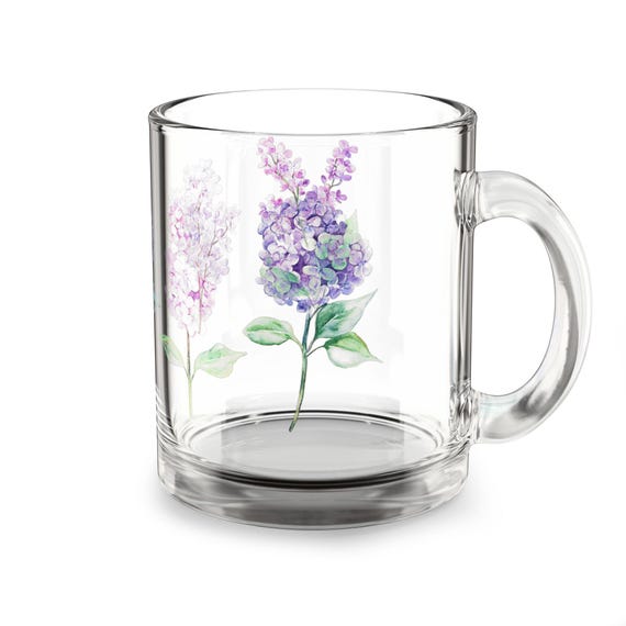 Lilac Floral Glass Mug - 10oz, Botanical Drinkware, Tea Lover Gift, Mother's Day, Spring Coffee Cup, Flower Design