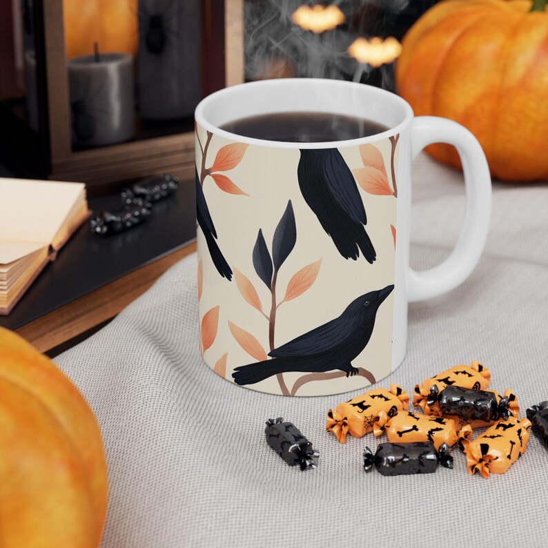 Elegant Raven Mug – Gothic Black Bird Ceramic Cup – Crow Coffee Mug for Witchy Fall Decor – Dark Academia Drinkware – Raven Gift – 11oz image 3