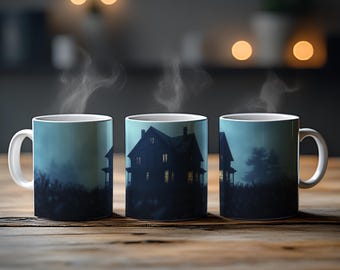 Haunted House Mug – Spooky Halloween Coffee Cup – Gothic Ceramic Mug – Haunted Mansion Decor – Scary Gift Idea – Witchy Fall Mug – 11oz