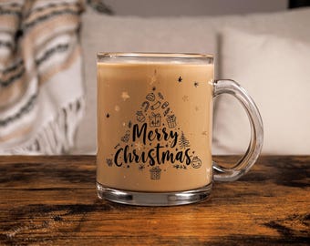 Taza de cristal con temática navideña, regalo de Feliz Navidad, taza de café navideña, vasos de temporada, taza navideña única