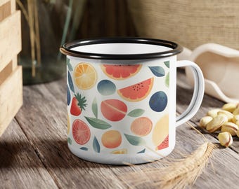 Taza de camping esmaltada con frutas de colores: de inspiración vintage, ideal para fiestas en el jardín, picnic, rústica, ideal para camping, con un toque veraniego.