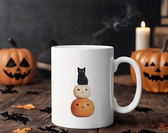 Taza acogedora de gato y calabazas: taza de café otoñal con gato, bonitas bebidas otoñales, regalo de Halloween para mamá gatuna, divertida taza de calabaza con gato