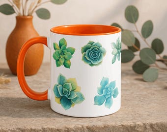 Watercolor Succulents Mug - Boho Plant Lover Coffee Cup - Botanical Cactus Art Gift