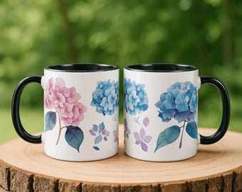 Watercolor Blue Hydrangea Floral Accent Coffee Mug | Ceramic Flower Mug, 11oz, 15oz