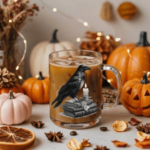 Enchanted Raven Glass Mug – Gothic 10 oz Coffee & Tea Cup, Witchcraft Decor, Halloween Gift, Dark Academia, Pet Lover Gift