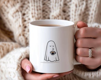 Taza de cerámica con diseño de fantasma adorable: taza de café para la temporada de Halloween, regalo de Halloween para ella, vajilla con estética otoñal para amantes de los fantasmas.