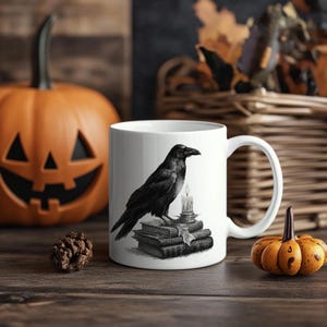 Elegant Raven Ceramic Mug – Gothic Bird Lover Gift, Dark Academia Drinkware, Cozy Raven Art Coffee Cup, Witchy Home Decor