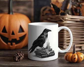 Elegant Raven Ceramic Mug – Gothic Bird Lover Gift, Dark Academia Drinkware, Cozy Raven Art Coffee Cup, Witchy Home Decor