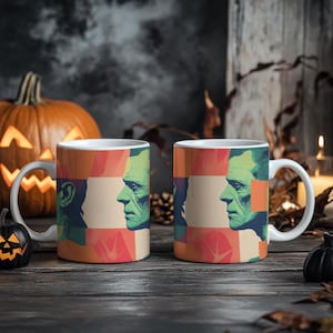 Colorful Retro Frankenstein Mug – Horror Art Ceramic Coffee Cup – Funny Halloween Drinkware – Creepy Cute Gift – 11oz