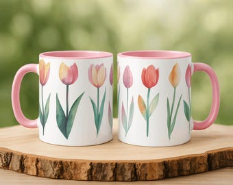 Watercolor Tulips Accent Coffee Mug | Floral Spring Ceramic Mug | 11oz, 15oz, Mother's Day Gift, Spring Flowers Mug