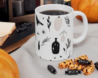 Boho Witchy Ceramic Mug 11oz – Nature-Inspired Witchcraft Drinkware, Spiritual Coffee Cup, Celestial Gift, Bohemian Home Decor