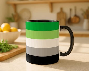 Aromantic Pride Flag Mug, Aro Pride Coffee Cup, LGBTQ Gift, Queer Pride Mug, Green White Black Flag, Aro Awareness Gift
