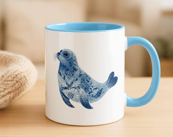 Blue Floral Seal Mug | Accent Coffee Mug 11oz 15oz