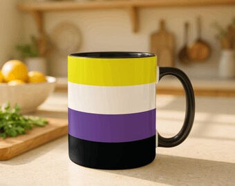 Nonbinary Pride Flag Mug, NB Pride Coffee Cup, LGBTQ Gift, Queer Pride Mug, Yellow White Purple Black Flag, NB Awareness Gift