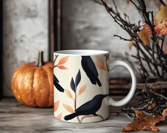 Elegant Raven Mug – Gothic Black Bird Ceramic Cup – Crow Coffee Mug for Witchy Fall Decor – Dark Academia Drinkware – Raven Gift – 11oz