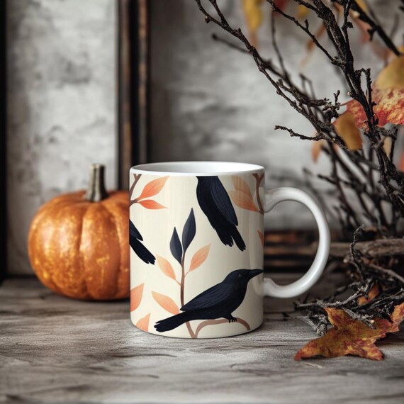 Elegant Raven Mug – Gothic Black Bird Ceramic Cup – Crow Coffee Mug for Witchy Fall Decor – Dark Academia Drinkware – Raven Gift – 11oz