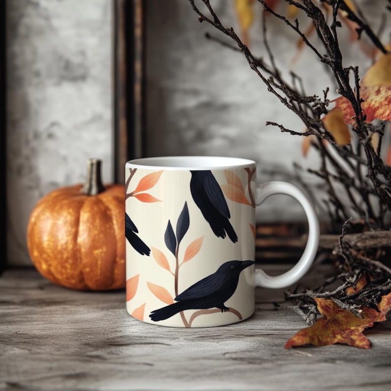 Elegant Raven Mug – Gothic Black Bird Ceramic Cup – Crow Coffee Mug for Witchy Fall Decor – Dark Academia Drinkware – Raven Gift – 11oz image 1