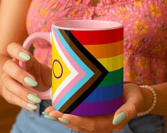 Intersex Inclusive Pride Flag Mug, Progress Pride Coffee Cup, LGBTQ Gift, Queer Pride Mug, Inclusive Rainbow Flag, Equality Gift