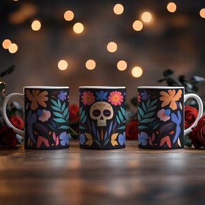 Día de los Muertos Mug – Sugar Skull Ceramic Coffee Cup – Colorful Calavera Gift – Halloween/Fall Coffee Mug – 11oz
