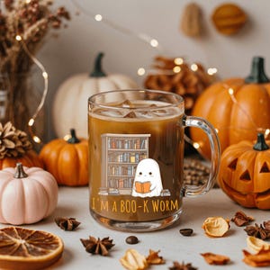 Book-Worm Ghost Mug — Cute Halloween Ghost Reading Mug, Cozy Fall Drinkware for Book Lovers, Boo-kworm Gift Cup, Glass Mug