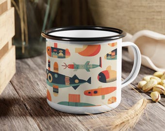 Colorful Nautical Design Enamel Camp Cup, Outdoor Adventure Mug, Fishing Gift, Camping Supplies, Fun Summer Cup