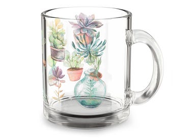 Succulent-Themed Glass Mug, 10oz | Floral Drinkware for Plant Lovers | Perfect Gift for Plant Parents, Housewarming, or Any Occasion