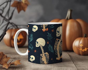 Skeleton Coffee Mug: Gothic Halloween Ceramic Mug - 11oz
