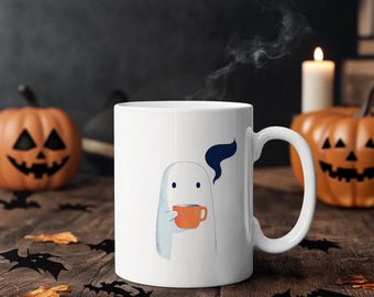 Uroczy kubek z duchem – uroczy, upiorny kubek do kawy, jesienny kubek, prezent na Halloween, przytulna dekoracja kuchni z duchem