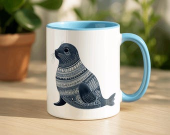 Nordic Seal Tea Mug, Seal Lover Gift, Ocean Seal Ceramic Mug, Scandinavian Seal Coffee Cup, Bohemian Animal Drinkware