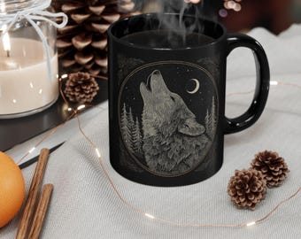 Howling Wolf Moon Mug | Black Ceramic Coffee Mug