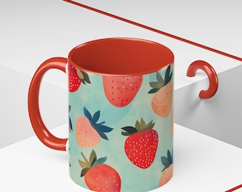 Bright Strawberry Accent Coffee Mug for Cheerful Mornings, Fruit Lover Gift, Kitchen Decor, Summer Vibes, Coffee Lover Gift