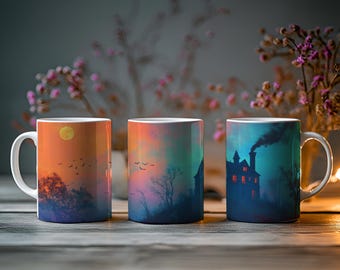 Haunted House Sunset Mug – Spooky Halloween Coffee Cup – Witchy Fall Ceramic Mug – Gothic Haunted Mansion Decor – Autumn Gift – 11oz