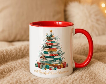 All Booked For Christmas Stacked Book Christmas Tree Mug | Accent Coffee Mug - Winter Reading Mug, Book Lover Gift, Bookish Holiday Mug