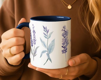 Lavender Watercolor Sprigs Mug | Accent Coffee Mug, Pretty Spring Floral Mug, 11oz, 15oz