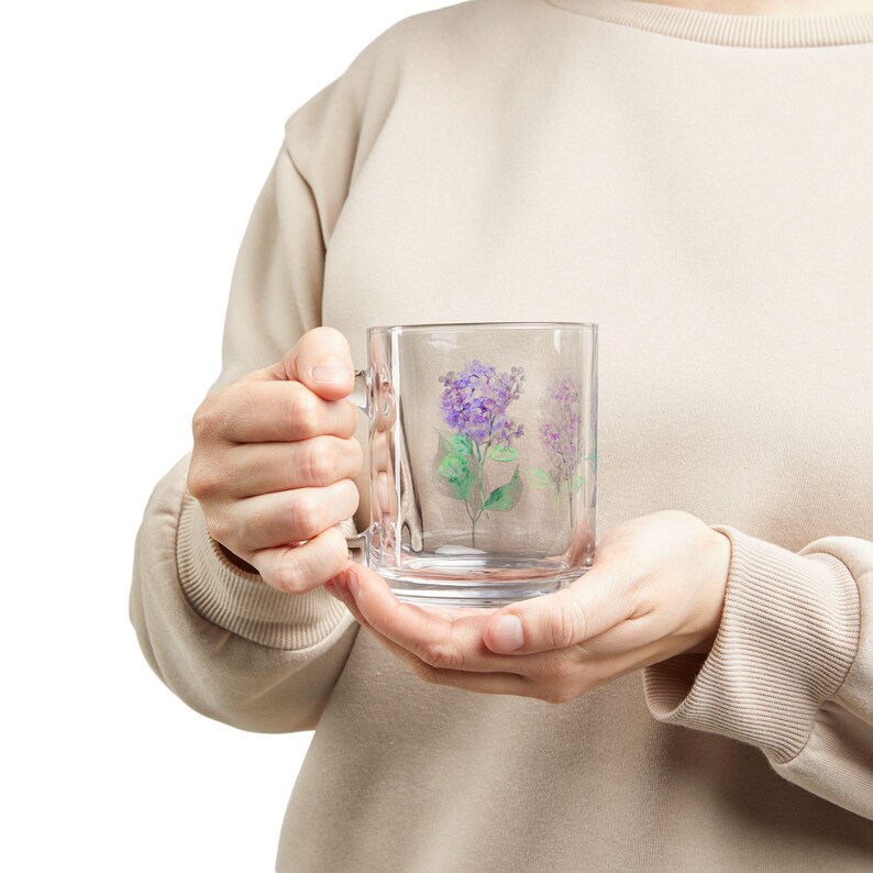 Lilac Floral Glass Mug - 10oz, Botanical Drinkware, Tea Lover Gift, Mother's Day, Spring Coffee Cup, Flower Design image 5
