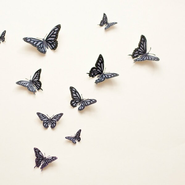 3D wall butterflies: Butterfly wall art, illustrated Oaxacan-style butterflies in storm grey, spring decor