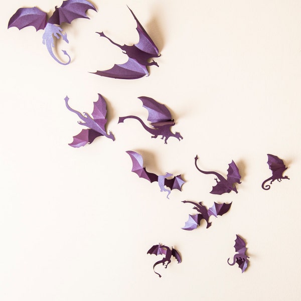 Game of Thrones inspired 3D Dragon Wall Art: dragon silhouettes, fantasy decor, purple