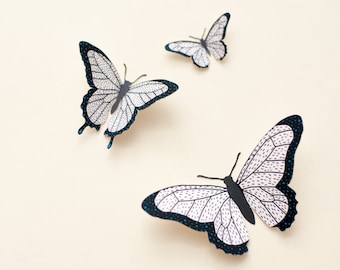 3D wall art, wall butterflies, butterfly wedding table decor, illustrated Oaxacan-style butterflies in salt white